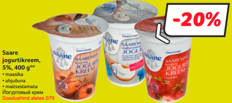 Saare jogurtikreem, 5%, 400 g**  -20%
