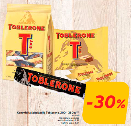 Kommid ja šokolaadid Toblerone, 200 - 360 g*** -30%