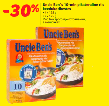 Uncle Ben`s 10-min pikateraline riis keedukotikestes -30%
