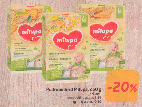 Pudrupulbrid Milupa, 250 g  -20%