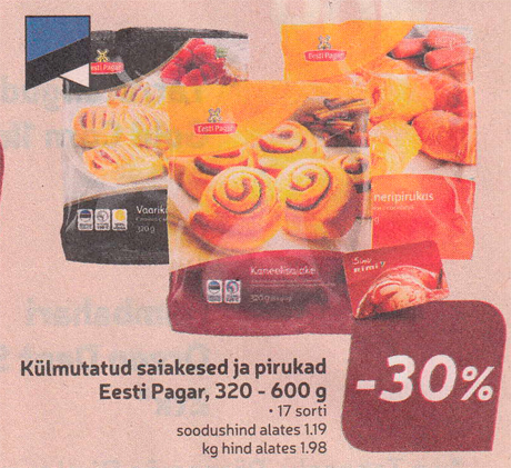 Külmutatud saiakesed ja pirukad Eesti Pagar, 320 - 600 g   -30%