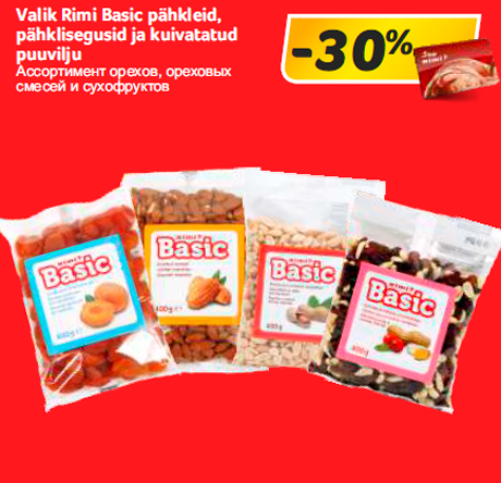 Valik Rimi Basic pähkleid, pähklisegusid ja kuivatatud puuvilju -30%