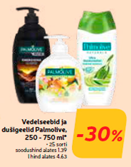 Vedelseebid ja dušigeelid Palmolive, 250 - 750 ml*  -30%
