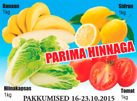 Banaan, 1 kg; Sidrun, 1 kg; Hiinakapsas, 1 kg; Tomat, 1 kg - PARIMA HINNAGA