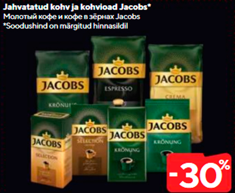 Jahvatatud kohv ja kohvioad Jacobs*  -30%