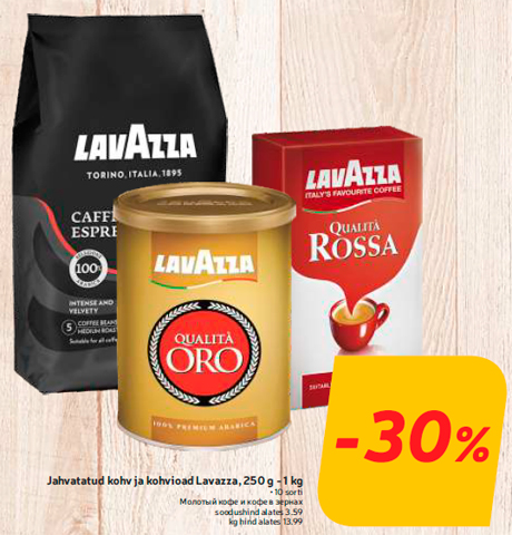 Jahvatatud kohv ja kohvioad Lavazza, 250 g - 1 kg  -30%
