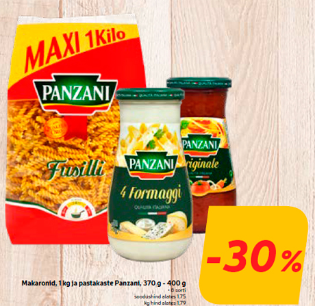 Makaronid, 1 kg ja pastakaste Panzani, 370 g - 400 g  -30%
