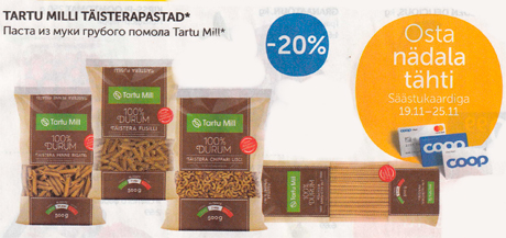 ПАСТА ИЗ МУКИ ГРУБОГО ПОМОЛА TARTU MILL  -20%