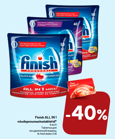 Finish ALL IN 1 nõudepesumasinatabletid* -40%