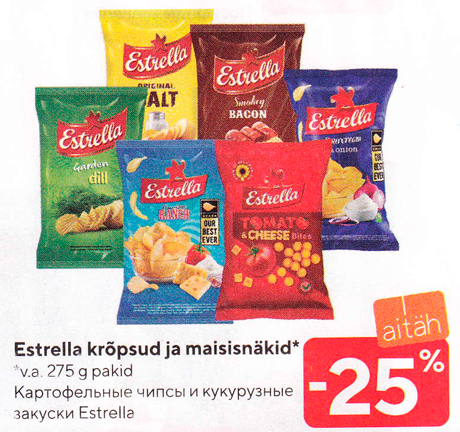 Картофельные чипсы и кукурузные закуски Estrella  -25%