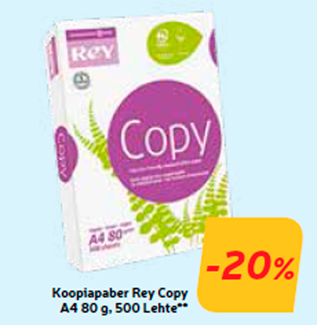 Koopiapaber Rey Copy A4 80 g, 500 Lehte** -20%