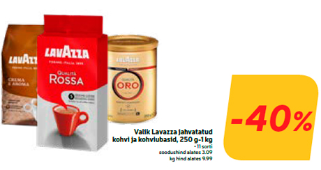 Valik Lavazza jahvatatud kohvi ja kohviubasid, 250 g-1 kg  -40%
