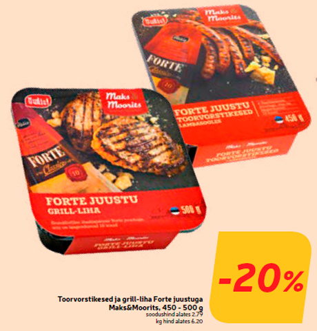 Сырые колбаски и мясо на гриле с сыром Forte
Maks&Moorits, 450 - 500 г  -20%