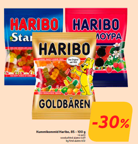 Kummikommid Haribo, 85 - 100 g -30%