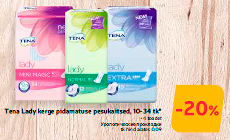 Tena Lady kerge pidamatuse pesukaitsed, 10-34 tk* -20%