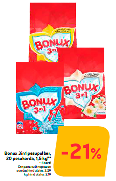 Bonux 3in1 pesupulber, 20 pesukorda, 1,5 kg**  -21%