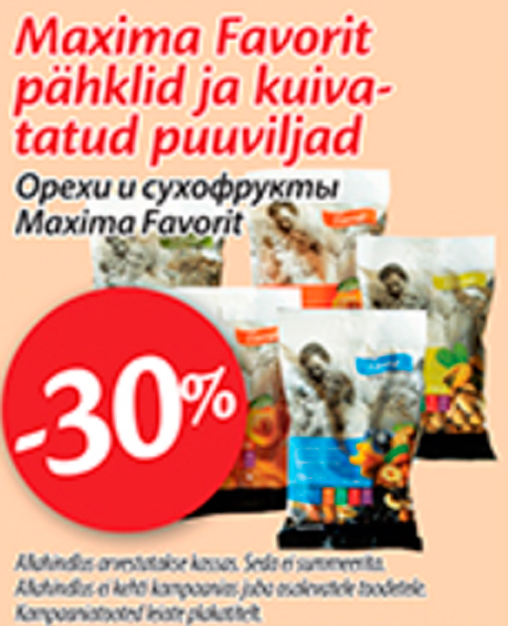 Maxima Favorit pähklid ja kuivatatud puuviljad  -30%
