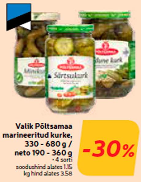 Подборка  маринованных огурцов Põltsamaa, 330 - 680 г / нетто 190 - 360 г  -30%
