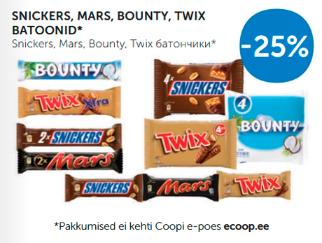 SNISKERS, MARS, BOUNTY, TWIX BATOONID*  -25%