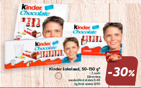 Kinder šokolaad, 50-150 g*  -30%