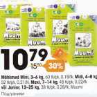 Mähkmed - Mähkmed Mini, 3-6 kg, 60 tk/pk, 0,18/tk, VIDI, 4-8 kg, 52 tk/0,21/tk, Maxi, 7-14 kg, 48 tk/pk, 0,22/tk või Junior, 12-25 kg, 38 tk/pk, 0,28/tk, Muumi
