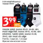 Meeste sokid, suurus 40-43, 44-46, värv must/valge/hall, suurus 39-42, 43-46, värv erksinine. Naiste sokid, suurus 35-38, 39-42, värv must või valge
