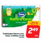 Магазин:Hüper Rimi,Скидка:Туалетная бумага Nature Lover,
Zewa, 3-х слойная, 8 рулонов