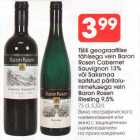Tšiili geograafilise tähisega vein Baron Rosen Cabernet sauvignon 13% või Saksamaa kaitstud päritolunimetusega vein Baron Rosen Riesling 9,5%, 75 cl