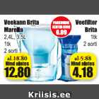 Магазин:Grossi,Скидка:Чайник Brita Marella, 2,4 л, 3,5 л / 1 шт / 2 сорта - 12,80;
Фильтр для воды Brita 1 шт / 2 сорта - 4,18
