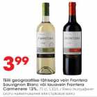 Tšilli geograafilise tähisega vein Frontera Sauvignoon Blanc või lauavein Frontera Carmenere 13%, 075 cl