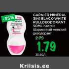 Allahindlus - GARNIER MINERAL 
3IN1 BLACK-WHITE 
RULLDEODORANT 
50ML naistele