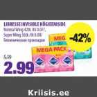 Allahindlus - LIBRESSE INVISIBLE HÜGIEENISIDE
Normal Wing 42tk /tk 0.07/,
Super Wing 36tk /tk 0.08/