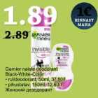 Allahindlus - Garnier naiste deodorant
Black-White-Color
• rulldeodorant, 50ml, 37.80/l
• pihustatav, 150ml. 12.60/l