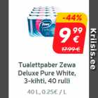 Магазин:Hüper Rimi, Rimi, Mini Rimi,Скидка:Туалетная бумага Zewa
Deluxe Pure White, 3 слоя, 40 рулонов *