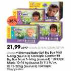 Mähkmed - Libero mähkmed Boby Soft Big Вох Midi 5-8 kg (suurus 3) 136 tk/pk, Comfort Fit Big Вох Moxi 7-14 kg (suurus 4) I20 tk/pk,Moxi+ 10-16 kg (suurus 5)
1l2 tk/pk,XL 12-22 kg (suurus 6) 104 tk/pk