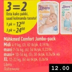 Mähkmed Comfort Jumbo-pack .Midi 4-9 kg, (3), 62 tk/pk,0,19/tk .Maxi 7-14 kg, (4), 54 tk/pk, 0,22/tk .Maxi+ 10-16 kg, (5), 50 tk/pk, 0,24/tk või XL 12-22 kg, (6) 46 tk/pk, 0,26/tk, Libero