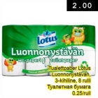 Tualettpaber Lotus
Luonnonystävän,
3-kihiline, 8 rulli