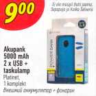 Akupank 5000 mAh 2 x USB + taskulamp