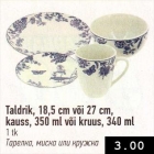 Taldrik, 18,5 cm või 27 cm, kauss, 350 ml või kruus, 340 ml, 1 tk