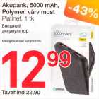 Akupank, 5000 mAh, Polymer, värv must