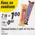 Allahindlus - Šokolaad Snickers 2-pakk või Twix Xtra
75 g