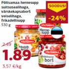 Магазин:Comarket,Скидка:Гороховый суп
с копченой говядиной,
свежий капустный борщ с
говядиной, суп с фрикадельками 530 г