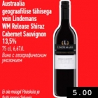 Allahindlus - Austraalia
geograafilise tähisega
vein Lindemans
WM Release Shiraz
Cabernet Sauvignon
13,5%
75 cl, 6,67/L