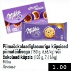 Piimašokolaadiglasuuriga küpsised piimatäidisega (150 g) või šokolaadiküpsis (135 g)