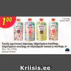 Puuvilja-jogurtismuuti küpsistega, köögiviljapüree kanalihaga, köögiviljapüree veiselihaga või neljaviljapuder banaani ja mustikaga, 6+