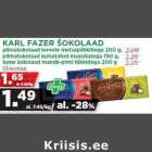 Allahindlus - KARL FAZER ŠOKOLAAD
piimašokolaad tervete metsapähklitega 200 g,
piimašokolaad kuivatatud maasikatega 190 g,
tume šokolaad mandli-pirni tükkidega 200 g