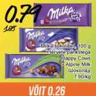Milka šokolaad, 100 g
• tervete pähklitega
• Happy Cows
• Alpine Milk