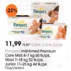 Рamреrs mähkmed Premium Care Midi 4-7 kg 60 tk/pk,
Maxi 7-I8 kg 52 tk/pk, Junior l1-25 kg 44 tk/pk